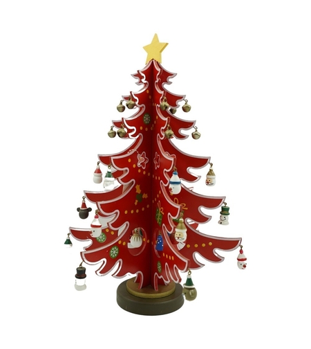 Decoratiune Craciun, Brad, Rosu/Alb, 15 cavitati cu ornamente, 25.5 cm x 33 cm, Lemn, Flippy