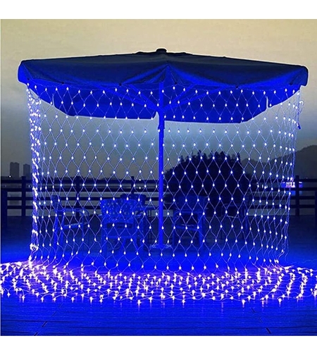 Instalatie Craciun, Tip Plasa, IP 44, 10 x 1 m, 400 LED-uri, Albastru, 8 jocuri de lumini, Transformator cu telecomanda, Interconectabila, Prelungitor 3 m inclus, Fir transparent, Vafy