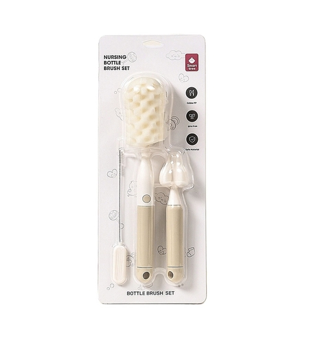 Set 3 Perii de Spalat Biberoane, Vafy, pentru Tetina, Biberon, Pai, Materiale Sigure, fara BPA, Curatare 360°, Bej