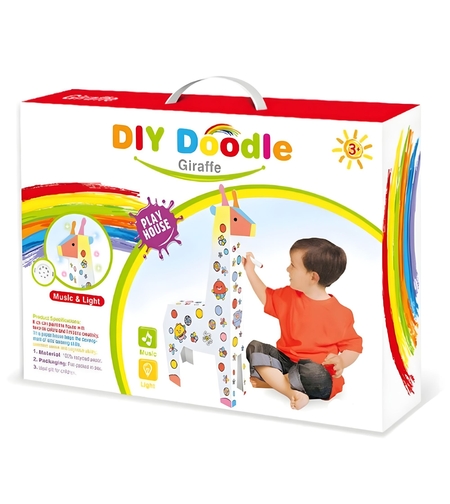 Jucarie Educativa pentru Copii, Flippy, Model Girafa 3D, Set de Asamblat si Colorat din Carton, Puzzle 3D Educativ, 31 x 7.5 x 54 cm, 3+ ani, Alb Multicolor