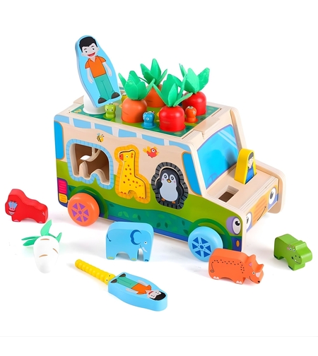 Jucarie Educativa Montessori, Flippy, Model Masinuta Educativa din Lemn 6 in 1, Sortator Forme, 1–3 ani, 23.7 x 17.5 x 12 cm, Multicolor
