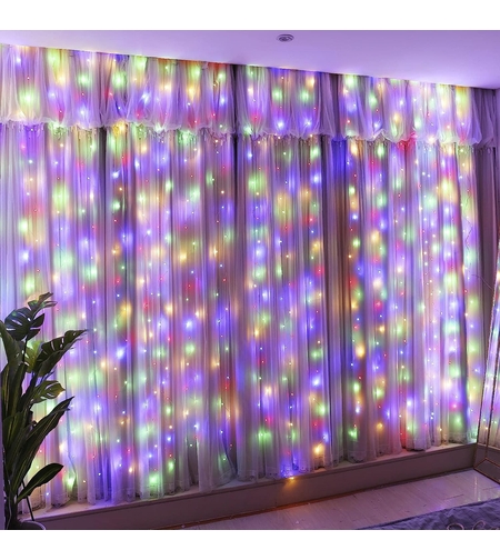 Instalatie Craciun Yoto, Tip Perdea, 2 m x 1 m, 120 LED-uri, Prelungitor 1.5 m, 8 Jocuri de Lumini, Interconectabila, Fir transparent, Interior/Exterior, Multicolor