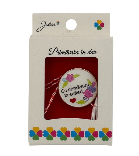 Martisor Brosa Mica in Cutie, Jolie, Design cu Mesaj, Dimensiune 2.5-3 cm, Material Metal, Model Rotund Flori