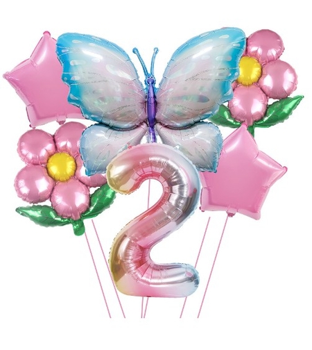 Set baloane aniversare cu numere, din folie de aluminiu, 6 piese, 2 flori, 2 stelute, 1 fluture, 1 cifra, Multicolor, Cifra 2
