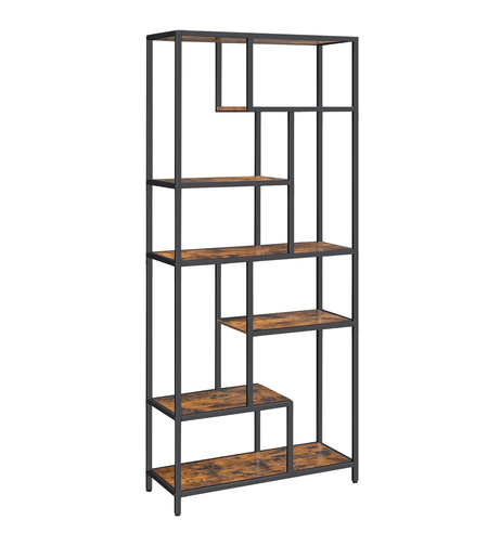 VASAGLE Biblioteca cu forma geometrica, pe 6 nivele, stil industrial, 30x80x180cm, maro rustic si negru