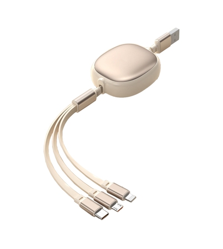 Cablu Retractabil Universal pentru Telefon, Flippy, Universal 3in1 pentru Orice Tip de Telefon, Micro-USB, Lightning, TYPE-C, 1.2M, Bej