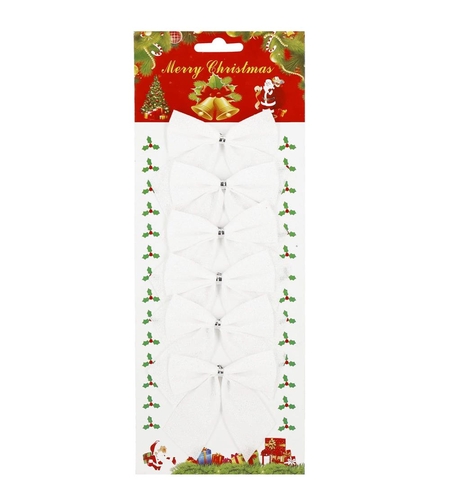 Set 6 ornamente pentru bradul de Craciun, fundita, 8cm, alb