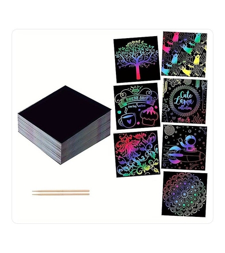 Set 100 de Foi de Hartie de Razuit, Flippy, cu Creion din Bambus, pentru Desen, 8.5 x 8.5, Curcubeu, Negru
