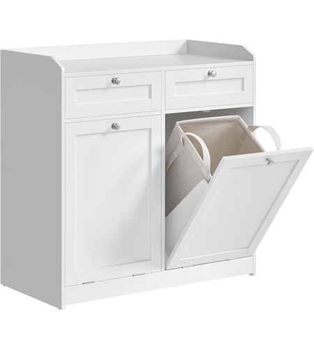VASAGLE Dulap baie de podea, 2 cosuri de rufe integrate cu saci detasabili, 2 sertare, 79x40x80 cm, alb