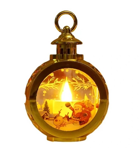 Decoratiune Craciun tip Felinare cu baterii, 13.5 x 9 cm,Lumanare cu geam si inscriptie Mos Craciun cu sanie,lumina alb cald,baterii incluse,Auriu