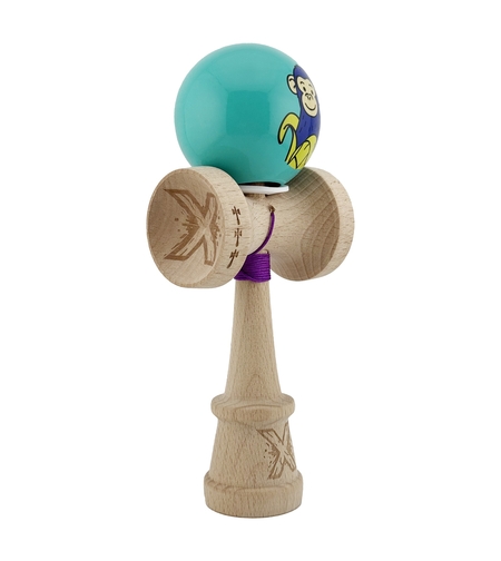 Kendama X Originala, Profesionala, Flippy, Blue Monkey, Super Sticky cu Cupe Mari King Size V3, Rulment Metalic si Gaura in Baza, din Lemn 18 cm, Ata 62/65 cm, Turcoaz