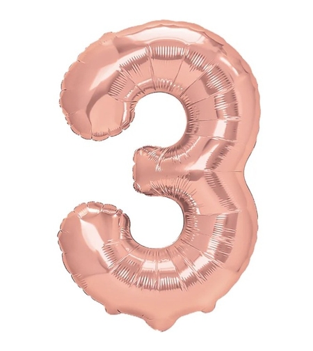 Balon din Folie Metalizata Flippy, Figurina Cifra, Tema Aniversare 40 cm, Ambalaj Individual, Pai inclus, Umflare cu Aer sau Heliu, Rose Gold, Cifra 3