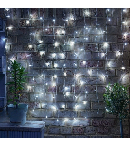 Instalatie Craciun Yoto, Tip Perdea, 2 m x 1 m, 120 LED-uri, Prelungitor 1.5 m, 8 Jocuri de Lumini, Interconectabila, Fir transparent, Interior/Exterior, Alb Rece
