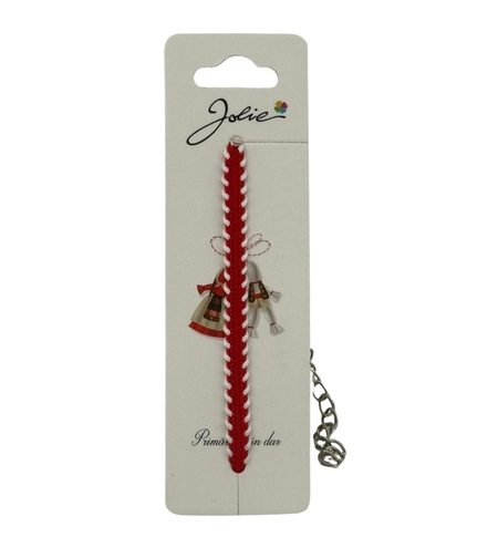 Martisor Traditional Bratara Tricotata, Jolie, Snur Textil si Lant Metalic, 12 x 4 cm, Rosu