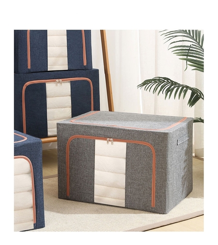 Cutie de Depozitare Pliabila, Flippy, 66 L, din Bumbac si In, 50x40x33 cm, Fereastra Frontala, 2 Usi de Acces cu Fermoar Bidirectional, Cadru Metalic, Suport Baza Stabil din Plastic, Gri
