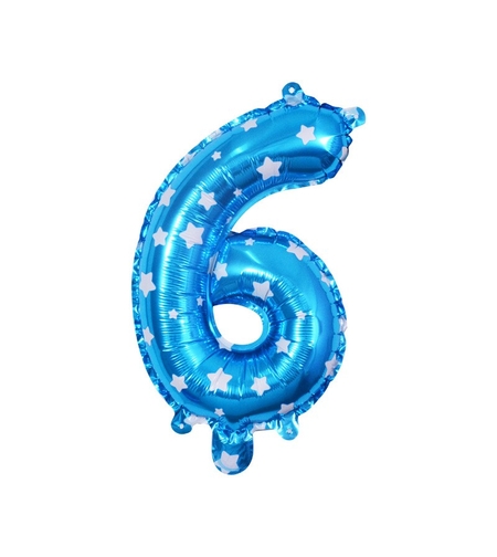 Balon din Folie Metalizata Flippy, Figurina Cifra, Imprimeu Stele, Tema Aniversare 80 cm, Ambalaj Individual, Pai inclus, Umflare cu Aer sau Heliu, Albastru, Cifra 6