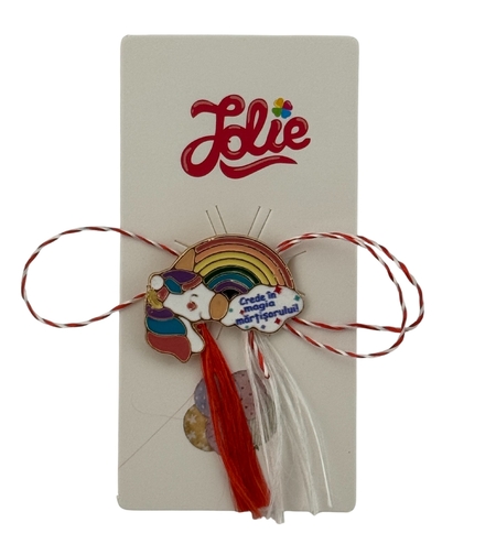 Martisor pentru copii, Jolie, Material Metal, Ambalaj Carton cu Design, Dimensiune Brosa Aproximativ 2x2 cm, Multicolor, cu Mesaj, Model Curcubeu si Unicorn