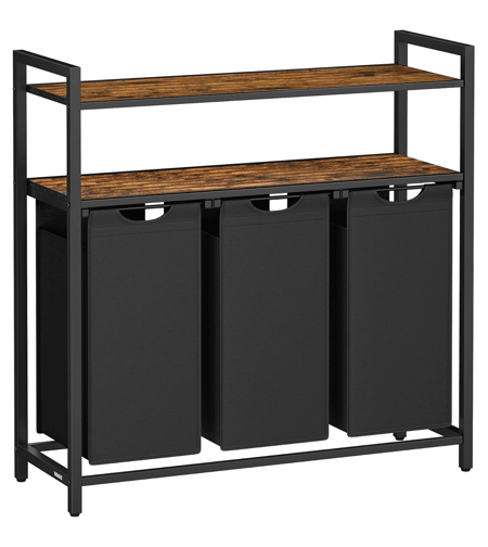VASAGLE Cos de rufe cu 3 saci detasabili, 3x40 litri, 2 rafturi, structura metalica, stil industrial, 92x33x92 cm, maro rustic