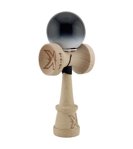 Kendama X Originala, Profesionala, Flippy, Super Sticky cu Cupe Mari KING SIZE V3, Gaura in Baza, Rulment Metalic, din lemn 18 cm, Ata 62/65 cm, Gradient Negru/Alb