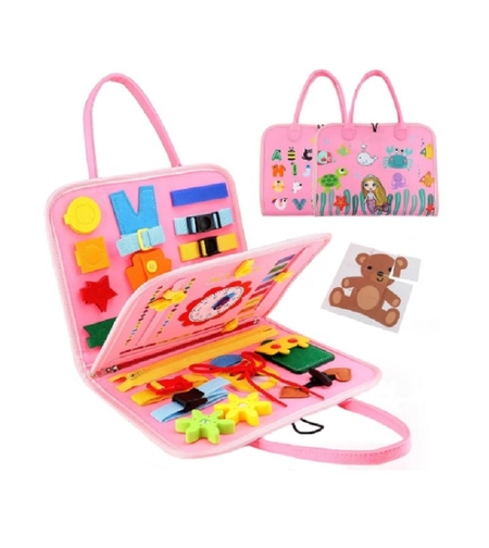Carte Senzoriala Educativa Montessori, Flippy, Dezvoltare Abilitati Motorii, 3 Pagini, Model Sirena si Alfabet, 28x25x4 cm, Roz