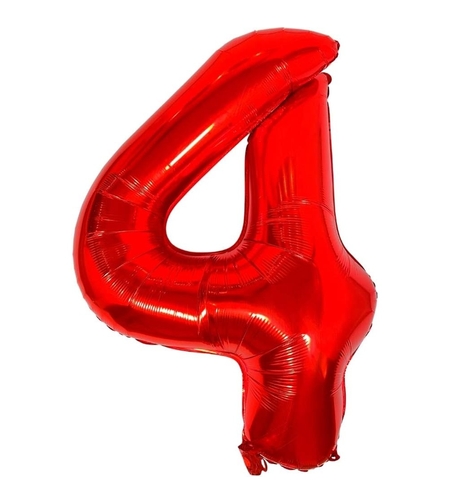 Balon din Folie Metalizata Flippy, Figurina Cifra, Tema Aniversare 80 cm, Ambalaj Individual, Pai inclus, Umflare cu Aer sau Heliu, Rosu, Cifra 4