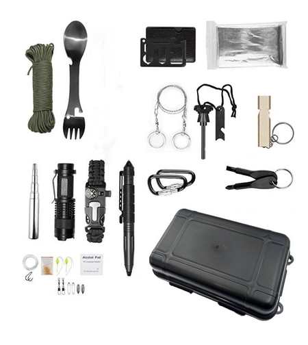 Kit supravietuire multifunctional Flippy, Instrumente profesionale, Agatatoare ghiozdan, pentru Camping, Drumetii, Aventuri in aer liber, negru