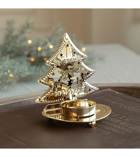 Suport Decorativ pentru Lumanare de Craciun, Flippy, Model Brad Auriu din Art Metal, pentru Masa fara Agatare, 10.5 x 9 x 7.5 cm, Auriu