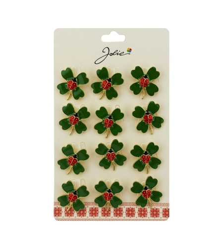 Brose Martisor Primavara, Jolie, Set 12 Bucati, Model Trifoi cu Buburuza, Brosa din Metal, 2.5 x 2.5 cm per Bucata, Verde
