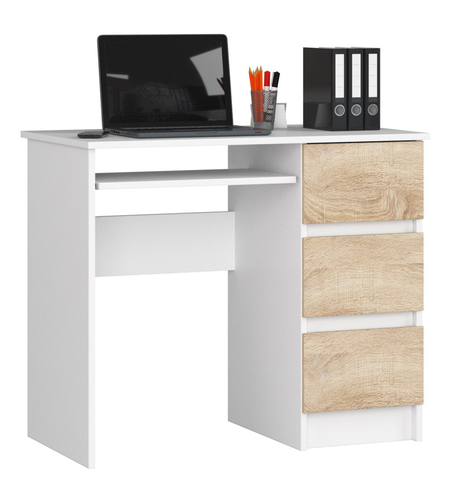 Birou computer cu 3 sertare si raft pentru tastatura, dreapta, 90x50x77 cm, alb si stejar sonoma