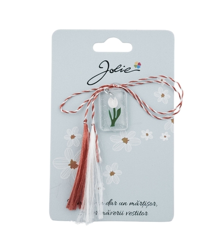 Martisor Traditional din Acril, Jolie, Model Lalea Alba, cu Snur Impletit Alb/Rosu, Pandantiv 2 cm