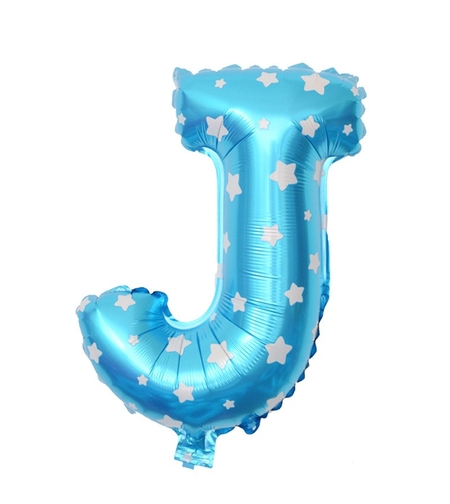 Balon Folie Metalizata Litera J, Flippy, 40 cm, Cu Imprimeu Stelute, Umflati cu Heliu sau Aer, Ambalaj Individual, Pai inclus, Albastru