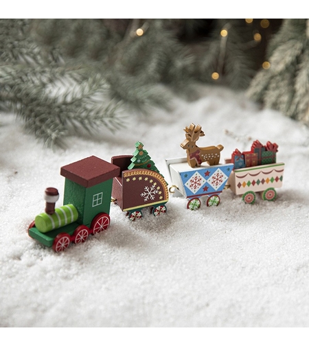 Ornament Decoratiune de Craciun Tren Pictat, Flippy, Tip Ornament Jucarie de Decor pentru Craciun, din Lemn 20 cm, Tren Figurina de Craciun, Multicolor
