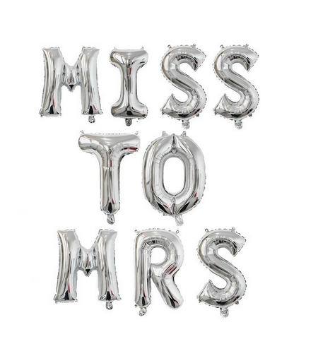Set Baloane din Folie Metalizata, Flippy, Model Scris Miss to Mrs, Litere de 40 cm, Tema Iubire, Baloane Party, Ambalaj Individual, Pai Inclus, Umflare cu Aer sau Heliu, Argintiu