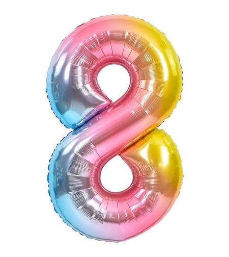 Balon din Folie Metalizata Gradient Flippy, Figurina Cifra, Tema Aniversare 100 cm, Ambalaj Individual, Pai inclus, Umflare cu Aer sau Heliu, Multicolor, Cifra 8