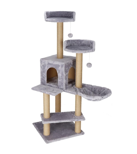 Ansamblu de joaca pentru pisici, cu loc pentru zgariat, ascuns, culcus, mingi, 129cm, gri