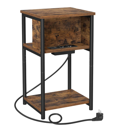 VASAGLE Noptiera cu prize si USB, 3 rafturi, stil industrial, 30x34x58 cm, maro rustic