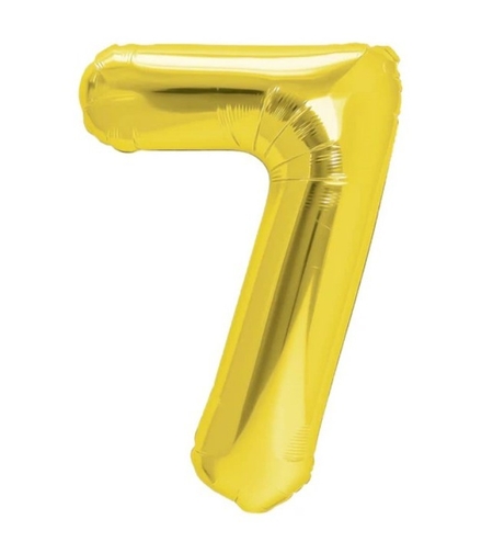Balon din Folie Metalizata Flippy, Figurina Cifra, Tema Aniversare 100 cm, Ambalaj Individual, Pai inclus, Umflare cu Aer sau Heliu, Auriu, Cifra 7