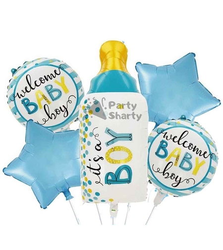 Baloane decorative GENDER REVEAL PARTY, Vafy, Figurina Sticla, Model IT'S A BOY, Set din 5 baloane, 40 x 77 cm, pentru Botez, Albastru