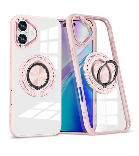 Husa de Protectie TPU, Vafy, pentru iPhone 16 Plus, Anticadere, cu Incarcare Wireless, Tehnologie Magsafe, Inel Magnetic Rotativ cu Functie de Suport, Transparent-Roz