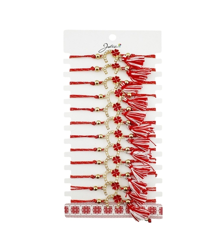 Martisor Bratara cu Ciucure pentru Dama, Jolie, Model Potcoava cu Trifoi, Set 12 bucati, Pandativ din Inox, Snur Reglabil, Rosu/Alb