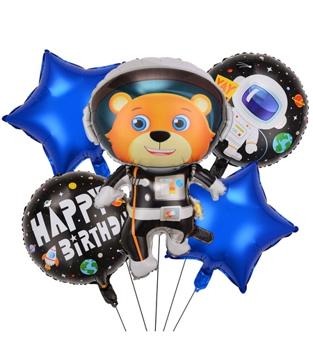 Set 5 baloane din folie metalizata HAPPY BIRTHDAY, Flippy, Figurina Model Ursuletul Spatial, Stelute Albastre, Adeziv si pai incluse, 78 x 45cm, Multicolor