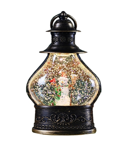 Decoratiune de Craciun tip Felinar, Flippy, Glob de Cristal cu Fulgi de Zapada, Model Om de Zapada, Ornamentat cu Luminite Interioare, 14.5 x 9 x 3 cm, Rama Neagra, Transparent