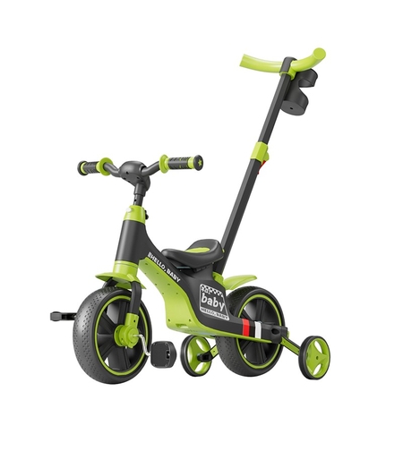 Bicicleta Multifunctionala pentru Copii, Vafy, 3 in 1 Bicicleta Troller Tricicleta, 2-6 ani, cu Roti Auxiliare, Ghidon si Scaun Reglabil, 93 x 78 x 43 cm, Negru Verde