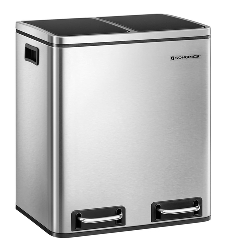 SONGMICS Cos de gunoi din inox cu 2 compartimente colectare selectiva, cu galeti interioare, 2x15litri, argintiu si negru