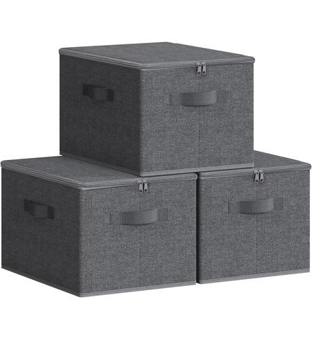 SONGMICS Set 3 cutii de depozitare pliabile, organizatoare pentru dulap, textil, 40x30x25 cm, gri