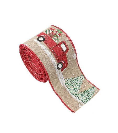 Panglica Decorativa pentru Craciun, Flippy, Ornament pentru Brad de Craciun, Pretreceri, Panglica cu Design Masina Rosie, 200 x 6.3 cm, Khaki