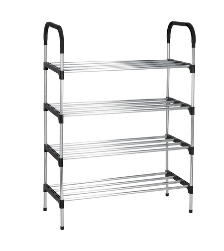 Suport pentru pantofi, 4 rafturi, cadru metalic, 84x28x60cm, negru si argintiu