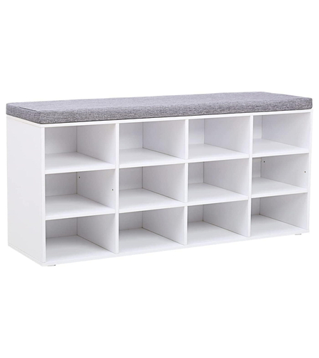 VASAGLE Pantofar cu banca cu 12 compartimente si perna, sarcina 136 kg, 104x30x48 cm, alb