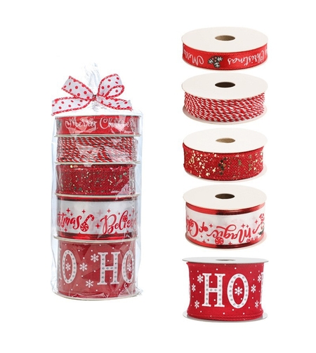 Panglica Decorativa cu Tematica de Craciun, Flippy, Set din 4 bucat + 1 Rulon Ata Rosie Alba, Panglica pentru Cadou de Craciun Brad si Decor, 2 M per bucata, Model HO HO HO, Rosu