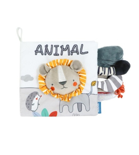 Carte Senzoriala, Flippy, pentru Bebelusi, 15x16x6 cm, cu Animalute, 3D, Cu Sunete si Fosnete, 0-3 Ani, Model Leu, Gri